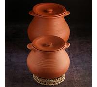 Swadeshi Blessings Handmade Exclusive Range Unglazed Clay HotCase/Earthen Pot for Cooking & Serving with Lid(Natural Firing Shade & Mirror Shine) (Combo 2&3 litres)