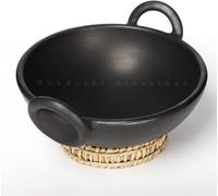 SWADESHI BLESSINGS Handmade Exclusive Range Unglazed Clay/Mitti/Earthen Black Kadai for Cooking, 1.8Liters (with Natural Firing Shade & Mirror Shine) + Free Palm Leaf Stand