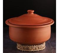 Swadeshi Blessings HandMade Exclusive Range Unglazed Earthen Kadai/Mud Handi/Mitti Ke Bartan/Clay Pot for Cooking & Serving with Lid(with Mirror Shine) + Free Palm Leaf Stand (5 Litres)