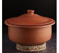Swadeshi Blessings HandMade Exclusive Range Unglazed Earthen Kadai/Mud Handi/Mitti Ke Bartan/Clay Pot for Cooking & Serving with Lid(with Mirror Shine) + Free Palm Leaf Stand (3 Litres)