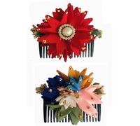 Swadeshi Desire Flower Comb, Juda/Bun Comb, Floral Hair Comb (Color-Red And Multi, Pack-02)