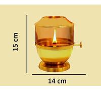 Swadeshi Desire™ Glass Cover, Pure Brass Akhand Jot Deep Diya with Adjustable Bati Knob, Wick Lifting Screw Lever|Large size|250 ml