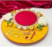 Swadeshi Desire Handcrafted Round Haldi Platter Thali for Wedding, Shaadi, Bride-Groom Ceremony, Decorative Tray for Haldi Function, Marriage Gift, Handmade Bridesmaid Mehndi Décor