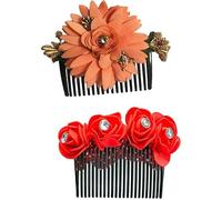 Swadeshi Desire Jooda Pin Hair Accessories With Flower | Flower Comb For Women And Girls Pack of 02 Color-Orange&Red
