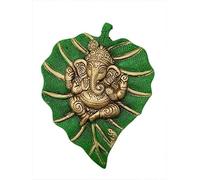 Swadeshi Desire™ Lord Design Ganesha on Leaf Wall Hanging Pan Patta Ganesh|Metal| Decorative|Showpiece| Colour Green&Golden