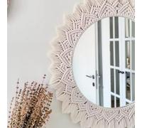 Swadeshi Desire™ Macrame Mirror for Bedroom Decor Round Handmade Boho Wall Hanging Aaina for Make Up Dressing and Living Room Party Home Decoration, Off-White, 17 X 17 Inches, 1 Piece