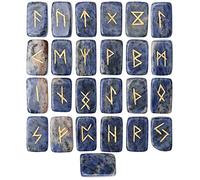 Swadeshi Desire Sodalite Rectangle Shape Gemstone Runes with Elder Futhark Alphabet Engraved 25 pcs Rune Set Crystal Divination Metaphysical Healing Chakra Reiki Runes Set with a Pouch Size : 20-25mm