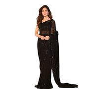 SWADESI STUFF Black Heavy Georgette Sequence Work Saree with Banglory Silk Blouse - Elegant Indian Ethnic Wear for Women, Free Size, One Size