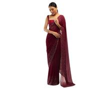 SWADESI STUFF Georgette Saree with Banglory Silk Blouse & Stunning Crystal Fix Embellishments - Indian Ethnic Wear for Women, Maroon, One size