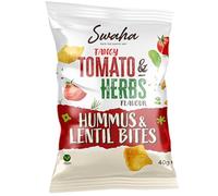 Swaha Lentil & Hummus Bites Crisps Multipacks 40g, 80g Traditional Hand-Cooked Crisps from UK - All-Natural, Gluten-Free Snack - 100% British Ingredients (TANGY TOMATO AND HERB, 40g, 24 PACK)