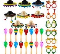 Swakuta 30 Pcs Cinco De Mayo Fiesta Party Favors Include 16 Pcs Wooden Fiesta Maracas 6 Pcs Mexican Paper Eyeglasses 8 Pcs Mini Sombrero Top Hat for Mexican Fiesta Party Deco