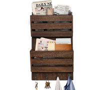 SWALLOW BRAND Mail Organizer Wall Mount with 4 Key Hooks, Rustic Wooden Hanging Mail Sorter Farmhouse Key Holder for Wall Decoration, 2-Slot Wall File and Magazines Bill Letter Holder (Brown)