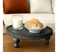 SwallowLiving Rustic Black Round Wood Tray Riser Farmhouse Pedestal Stand with Beaded Edge for Decor Whitewash Finish Wooden Cupcake Display for Cakes and Decorative Items 11.8 inches
