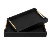 SwallowLiving Set of 2 Shagreen Serving Tray with Gold Polished Metal Handles Black Decorative Wood Tray PU Leather with Brushed Gold for Coffee Table Ottoman Console Table Decor