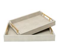 SwallowLiving Set of 2 Shagreen Serving Tray with Gold Polished Metal Handles Ivory Wood Decorative Tray PU Leather with Brushed Gold for Coffee Table Ottoman Console Table