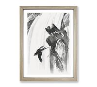Swallows By A Waterfall By Kawanabe Kyosai Asian Japanese Framed Print | A4 Oak Framed Wall Art | Ready to Hang | Asian Landscape Picture | Living Room Bedroom Lounge Office