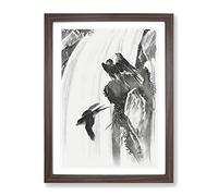 Swallows By A Waterfall By Kawanabe Kyosai Asian Japanese Framed Wall Art Print, Ready to Hang Picture for Living Room Bedroom Home Office Décor, Walnut A4 (34 x 25 cm)
