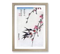 Swallows & Peach Blossom by Utagawa Hiroshige Framed Print | A2 Oak Framed Wall Art | Ready to Hang | Asian Floral Picture | Living Room Bedroom Lounge Office