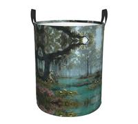 Swamp Scenery Printed Circular Handle Single Layer Waterproof Portable Laundry Basket