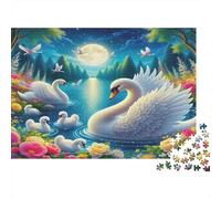 Swan 1000 Piece Premium Paper Jigsaw Puzzle Sustainable Two Swans by Moonlit Lake Unique Christmas Birthday Gift Family Adults & Kids Eco-Friendly Home Decoration 52x38cm/1000pcs