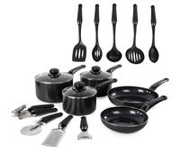 Swan Townhouse 14 Piece Aluminium Cookware and Tool Set with 16/18/20cm Saucepans with Glass Lids and 20/26cm Frying Pans, Black