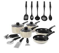 Swan Townhouse 14 Piece Aluminium Cookware and Tool Set with 16/18/20cm Saucepans with Glass Lids and 20/26cm Frying Pans, Cream