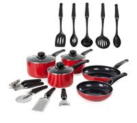 Swan Townhouse 14 Piece Aluminium Cookware and Tool Set with 16/18/20cm Saucepans with Glass Lids and 20/26cm Frying Pans, Red