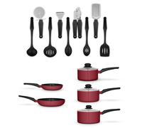 Swan Townhouse 14 Piece Aluminium Cookware and Tool Set with 16/18/20cm Saucepans with Glass Lids and 20/26cm Frying Pans, Red