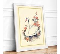 Swan Among Blossoms Botanical Framed Wall Art Print A1 White