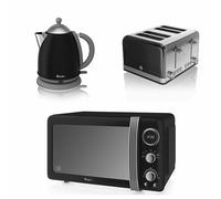 SWAN Black 1.7L Jug Kettle, 4 Slice Toaster & Digital Microwave 800W