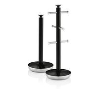 Swan Retro Towel Pole and Mug Tree Set 6 Mug Capacity Non-Slip Bases Kitchen Storage Easy Clean - Black