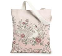 Swan Canvas Tote Bag for Women, Romantic Vintage Peony Floral Spring Peach Washable Reusable Graphic Tote Bag Ideas for Tra, Peach, 13x15 Inch