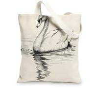 Swan Canvas Tote Bags, Chic Waterfowl Design Eco-Friendly Reusable Bags, Vintage Lightweight Washable Shoulder Strap Tote for Gym Travel Beach 13x15 Inch