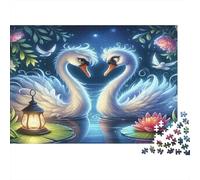 Swan Cardboard Two White Swans on Lake with Lantern And Lotus Premium Jigsaw Puzzle Brain Training Home Decor 52x38cm/1000pcs