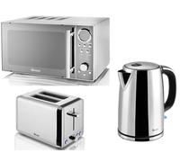Swan Classic Polished Steel 1.7L Jug Kettle, 2 Slice Toaster and 800W LED Digital Microwave. Classic Stainless Steel Silver Matching Kitchen Set