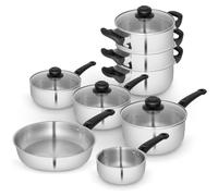 Swan Townhouse 8 Piece Stainless Steel Cookware Set with 16/18/20cm Saucepans with Glass Lids, 14cm Milk Pan, 24cm Frying Pan, 18cm 3 Tier Steamer, Stainless Steel