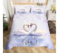 Swan Couple Bedding Set,Valentine's Day Comforter Cover Set for Teens Women Room Decor,Romantic Love Duvet Cover Breathable Purple Flowers Bedspread Cover Full Size(No Comforter)
