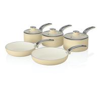 Swan Cream Retro Non-Stick 5pce Pan Set, 3 Saucepans 16/18/20cm & 2 Frying Pans 20/28cm with Tempered Glass Lids & Compatible with Induction Hobs