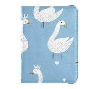 Swan Crown Blue Cute Cartoon Leather Passport Holder Cover Vaccine Case Protector Cover Passport Cover with RFID Blocking Ultra Slim
