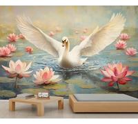 Swan Decor Murals White Swan Lake Lotus Wallpaper Flower Rustic Wallpaper for Walls Country Waterfowl Wall Paper for Kids Bedroom Living Room Boys Room Mural Poster 450X300cm
