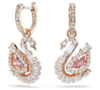Swan drop earrings, Pavé, Swan, Pink, 18K rose gold finish