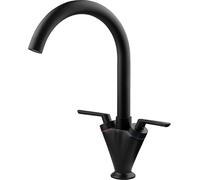 Swan Dual Lever Black Kitchen Sink Mixer Taps Monobloc 360 Degrees Swivel Spout with Hoses Standard Fittings