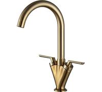 Swan Dual Lever Brushed Gold Kitchen Sink Mixer Tap Monobloc 360° Swivel Spout with Hoses Standard Fittings