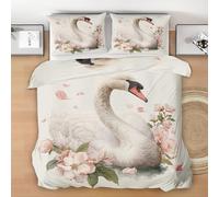 Swan Duvet Cover Set Twin Size, Elegant Swan Bedding Set, Watercolor Animal Microfiber Comforter Cover with 2 Pillow Shams, Comfy Breathable Lightweight Pink Flower Comforter Cover