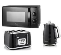 Swan Elegance 1.7L 3Kw Kettle, 4-Slice Toaster & 700W 20L Microwave Matching Black Set