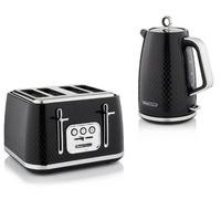 Swan Elegance 1.7L 3Kw Kettle And 4-Slice Toaster Set In Textured Black Gloss With Chrome Trim