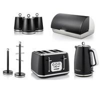 Swan Elegance Black, 1.7L 3Kw Kettle, 4-Slice Toaster, Breadbin And Canisters