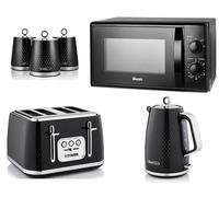Swan Elegance Black 1.7L Kettle, 4 Slice Toaster, Canisters & 20L 700W Microwave SM4420BLK. Contemporary Matching Kitchen Set of 6 - Premium Textured Black Finish