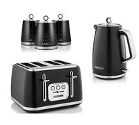 Swan Elegance Black 1.7L Kettle, 4 Slice Toaster & Tea, Coffee, Sugar Canisters. Contemporary Matching Kitchen Set with a Premium Textured Black Finish