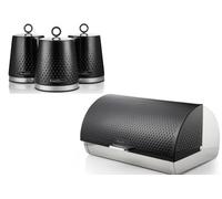 Swan Elegance Black 14L Roll-Top Breadbin With 3 X 1.3L Tea Coffee Sugar Canisters Kitchen Storage Set